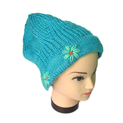 时尚小花朵韩版毛线编织帽子/精品蓝色花边毛线帽子