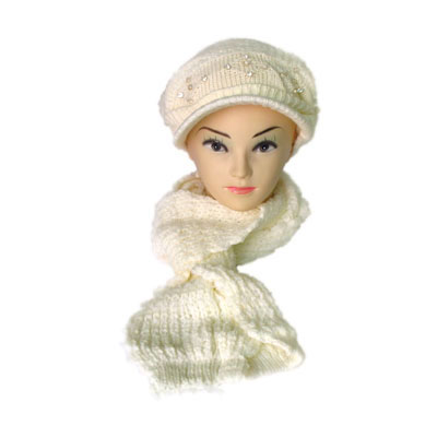 毛线针织围巾帽子/条纹带钻可爱帽子围巾套装