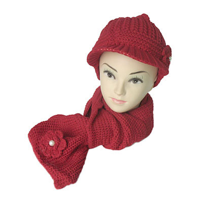 红花朵韩版帽子围巾2件套/红色帽子围巾套装
