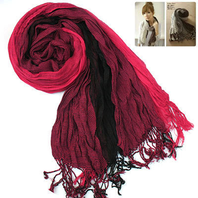 韩国流行款式玫红超长三层多色流苏休闲彩条长围巾