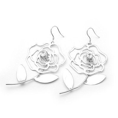 枝叶玫瑰花银饰耳环